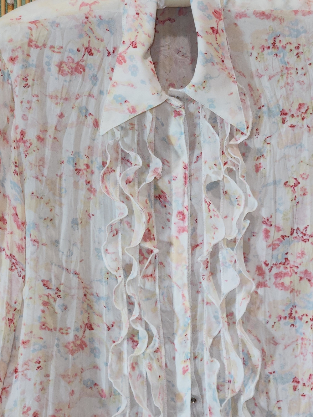 S. Tuxedo Semi Sheer Shirt Floral Ruffle L/S Romantic Coquette y2k going out top